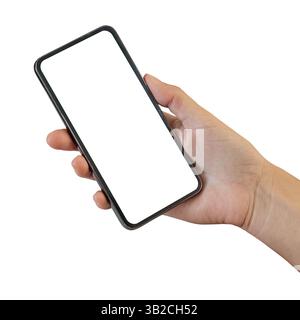 Modernes Smartphone in Handhaltung mit leerem Bildschirm, modernes schwarzes Smartphone-Modell Stockfoto