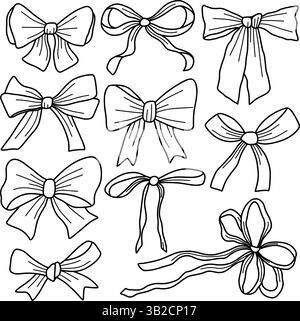 Sammlung künstlerischer Schwarz-weiß-Illustrationen mit verschiedenen Schleifenstilen, perfekt für Dekoration, Basteln oder Design-Inspiration, Showcasin Stock Vektor