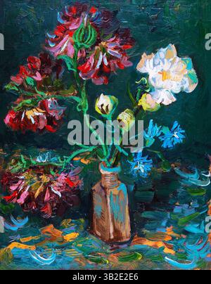 Gemalt 1886, Frankreich. Lebendiges Van Gogh Stillleben mit frischen Pfingstrosen und blauen Delfinen in einer einfachen Flasche. Digital aus der Origg Stockfoto