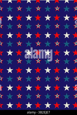 Rote, weiße, blaue Sterne auf dunklem Hintergrund mit sich wiederholendem Design Stock Vektor