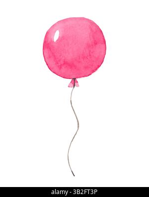 Ballonpinke handgezeichnete Aquarellillustration. Isolierter heller festlicher Druck für Karten und Geburtstagseinladungen. Niedliches rotes Kinderbild für Kunstgegenstände Stockfoto