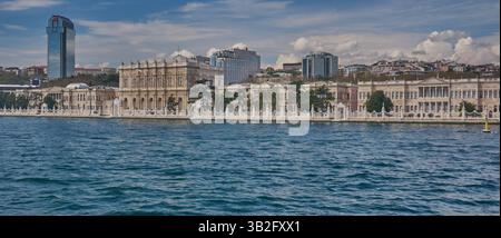 Dolmabahce Palace (türkisch Dolmabahce Sarayı) befindet sich im Stadtteil Beşiktaş an der europäischen Küste der Bosporus-Straße Istanbul, Türkei Stockfoto