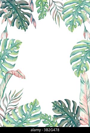 Aquarellrahmen Für Tropische Blätter. Illustration mit grünen Palmblättern und Blättern Monstera. Tropische Pflanzen zur Dekoration, Postkarte, Einladung. Abstrakt Stockfoto