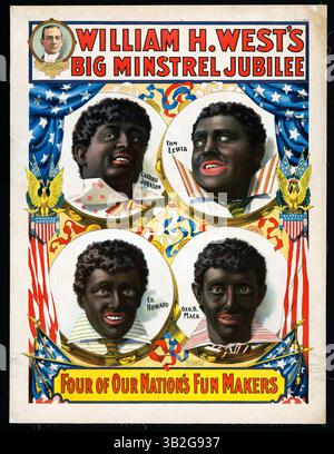 William H. Wests Jubiläum des Großen Minstrel. Amerikanisches Schwarzgesicht-Poster für William H. West Minstrel Show. Besteht aus Porträts von Carroll Johnson, Tom Lewis, Geo B. Mack und Ed. Howard, alles in Schwarzgesicht. Stockfoto