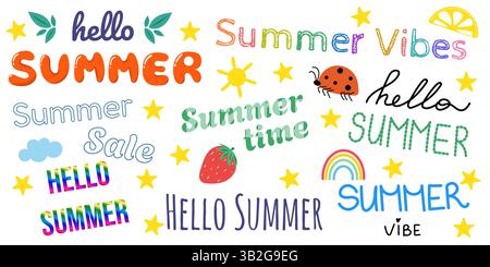 Set mit Schriftzug für den Sommer. Hallo Sommer Text. Sommerzeit. Sommerstimmung Stock Vektor