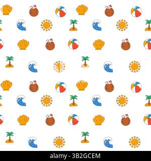 Nahtloses Sommermuster mit Sonne, Welle und Handfläche. Stock Vektor