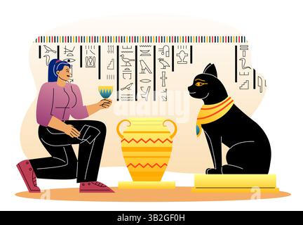 Frau, die alte ägyptische Artefakte erforscht. Vektorabbildung Stock Vektor