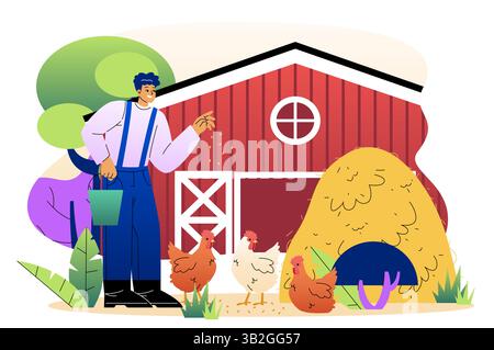 Landwirt, der Hühner in der Nähe des Bauernhofs füttert. Vektorabbildung Stock Vektor