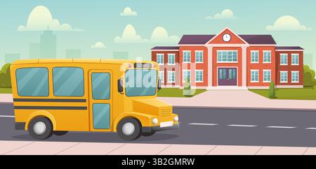 Gelber Schulbus vor der Schule. Vektorabbildung Stock Vektor