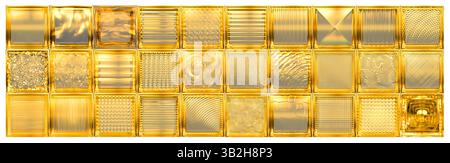 Transparente orangefarbene Glasblockwand für die Innenarchitektur. Ästhetische und moderne Form mit strukturierter Struktur. Erfassung abstrakter Muster und Lichtverzerrungen. Stockfoto