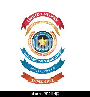 Sammlung von Werbeschriftungen mit begrenzten Zeiträumen, Qualitätssicherung und Sonderverkäufen Stock Vektor
