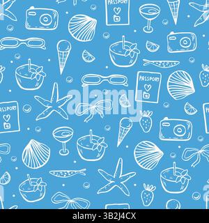 Sea LIFE Doodle Hand gezeichnetes nahtloses Muster. Mediterranes Leben in blauer Farbe Stock Vektor