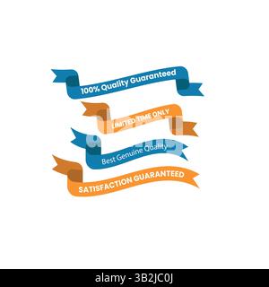 Bunte Bänder mit Botschaften über Qualitätsgarantie und Kundenzufriedenheit, geeignet für Geschäfts- und Werbedesigns. Stock Vektor