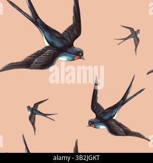 Mokka beige nahtloses Frühlingsmuster mit Schwalbenvögeln elegantes Aquarell endlose Vintage-Textur Retro-Geschenkpapier, saisonales Arrangement Stockfoto