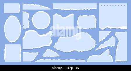Gerissene oder gerissene blaue Papierstücke mit gerissenen Kanten. Zerrissene Notizbuchseiten Vielfalt mit Schatten, Schrottnote mit beschädigtem Rand und Riss, Pappe leere Blätter Collage Sammlung Vektor Illustration Stock Vektor