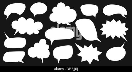 Set mit niedlichen Vorlagen für Sprechblasen. Weiße Dialogballons, Textfelder, Anführungsrahmen, Nachrichtenaufkleber, Konversationstags auf schwarzem Hintergrund. Vektorabbildung. Stock Vektor