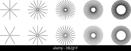 Gerade radiale Linien in kreisförmigen Formen. Set von Sonnenstrahlen-Symbolen. Sonnenschilder. Symbole für Strahlkraft, Spin, Explosion oder Feuerwerk auf weißem Hintergrund. Vektorgrafik. Stock Vektor