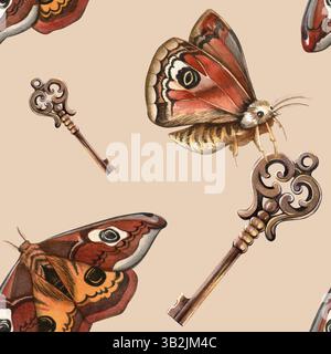Vintage beige Schmetterlinge und Schlüssel nahtloses Muster elegante handgezeichnete Retro-Aquarellstruktur mit antiken Elementen perfekt für feminine Stoffe Stockfoto