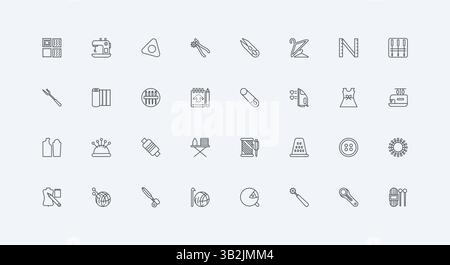 Stoff und Nadel, Knopf und Schere zu nähen, Schaufensterpuppe dünne schwarze Umrisssymbole Vektor-Illustration. Nähgeräte, Schneiderwerkzeuge und Handarbeiten, Icon-Set für die Modebranche Stock Vektor