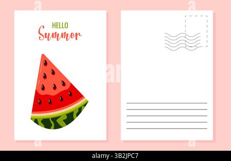 „Hello Summer Color Postkarten Design Template Layout“. Schneiden Sie Wassermelone in Scheiben. Vektorabbildung. Stock Vektor