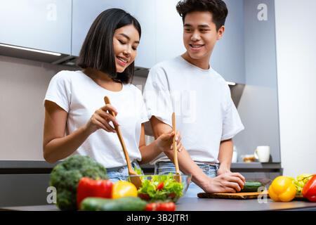 Happy Japanese Ehegatten Kochen Abendessen Zusammen In Der Modernen Küche Stockfoto
