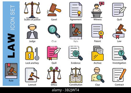 Regel-Symbolgruppe. Symbolstil für farbige Umrisse. Mit Ikonen für Gerechtigkeit, Zeugen, Verfassung und mehr. Recht und Gerechtigkeit Elementvektor Illustrati Stock Vektor