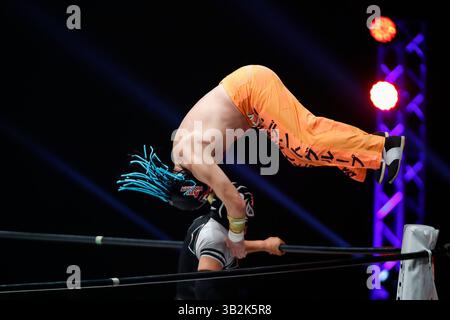 Tokio, Japan. April 2025. Der große Sasuke tritt in der Sumo Arena in Tokio gegen El Pantera während eines Spiels zum Lucha Fiesta-Event auf. Japanische Profi-Wrestler traten in neun Spielen gegen ausländische Spieler (hauptsächlich aus Mexiko) an. (Kreditbild: © Rodrigo Reyes Marin/ZUMA Press Wire) NUR REDAKTIONELLE VERWENDUNG! Nicht für kommerzielle ZWECKE! Stockfoto
