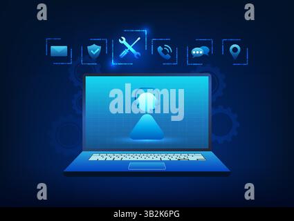 Service-Technologie, Call-Center-Symbol auf Laptop, vermittelt schnelle und moderne Kommunikation, Echtzeit-Kundenservice, Unfall, Versicherung und Facility Stock Vektor