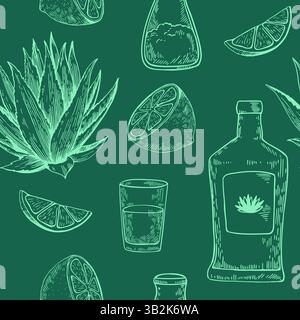 Nahtloses Muster mit Agavenpflanze, Zitrone und Tequila. Handgezeichnete Illustration im Gravurstil. Vektor-Retro-Druck für Design. Stock Vektor