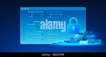 Die FinTech-Technologie, ein digitaler Bildschirm mit Schloss und Münze, vermittelt die Sicherheit von Online-Finanztransaktionen, Datenschutz und Investitionen durch di Stock Vektor