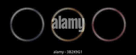 Dünner Rahmen mit goldenem und silbernem Kreis. Kollektion aus glänzender Metallfolie mit kreisförmigem Rand. Goldenes leuchtendes Bundle im Art déco-Stil. Lineares, rundes Elementpaket für Foto, Kader, Karte, Emblem. Vektor Stock Vektor