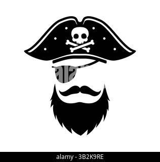 Piratenkorsair-Fotokabine-Maske. Das isolierte Vektor-Matrose- oder Kapitänsgesicht verfügt über Tricorn-Hut, Bart, Schnurrbart und Augenklappe für verspielte Abenteuer und Stock Vektor