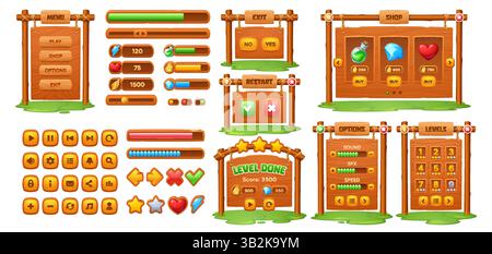 Spielschnittstelle aus Holz. Zeichentrick Vektor Holz ui Kit mit Schaltflächen, Schiebereglern, Fortschrittsbalken und Bildschirmen zur Füllstandsvervollständigung. Spielerisches Einkaufen, Spielen, Optionen Stock Vektor
