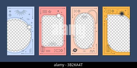 Y2K-Postervorlagen mit Vektorlinien ästhetischer abstrakter Formen und moderner geometrischer Elemente. Poster in Pastellrosa, Blau und Orange Stock Vektor