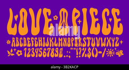 Hippie-Schriftzeichen, psychedelisch groovige Schriftart, funky Retro-Schriftart, trippiges abc-Alphabet mit Hippie-Frieden- und Liebesvektorsymbolen. Groovige Vintage-Schriftart Stock Vektor