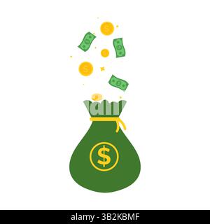 Grüne Geldtüte voller goldener Münzen und grüner Scheine Stock Vektor