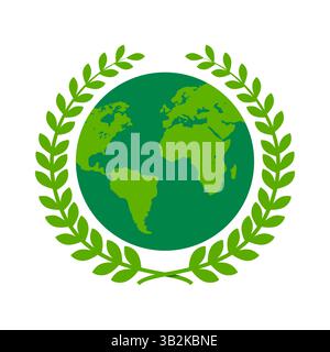 Green World Globe umgeben von Lorbeerkranz für Ökologie und Frieden Stock Vektor