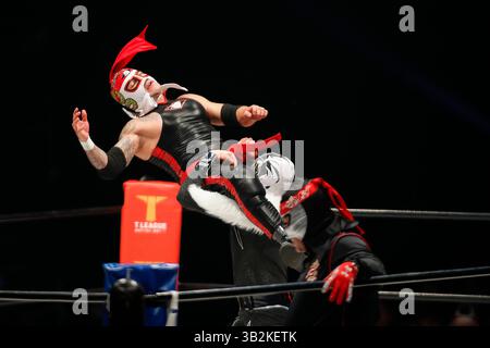 Tokio, Japan. April 2025. Pantera nimmt es mit Hijo de Octagon (up) während eines Spiels zum Lucha Fiesta in der Sumo Arena in Tokio auf. Japanische Profi-Wrestler traten in neun Spielen gegen ausländische Spieler (hauptsächlich aus Mexiko) an. (Kreditbild: © Rodrigo Reyes Marin/ZUMA Press Wire) NUR REDAKTIONELLE VERWENDUNG! Nicht für kommerzielle ZWECKE! Stockfoto