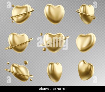 Golden Heart Kollektion auf transparentem Hintergrund. Glänzende goldene romantische Symbole, glänzende valentinsformen aus Metall. Polierte luxuriöse Liebessymbole für Schmuck, Hochzeitseinladungsdekoration. Stock Vektor