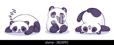 Kawaii Panda Charaktere Set - verschlafenes Jungtier, schüchternder Bär sitzt, lustiges Tier, das umherstürzt. Runde Körperform mit weißem und schwarzem Fell, süße Gesichtsausdrücke. Lustige Zeichentrickmaskottchen-Doodle-Zeichnungen. Stock Vektor