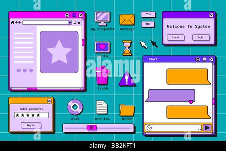 Retro-Fenster für die Benutzeroberfläche – Anmeldeformular, Begrüßungsbildschirm, Chatbox, Nachrichtendialogfelder und Ordnersymbole. Tasten, Rahmen und Blöcke in leuchtendem Pink, Violett. Designelemente der alten Schule. Stock Vektor