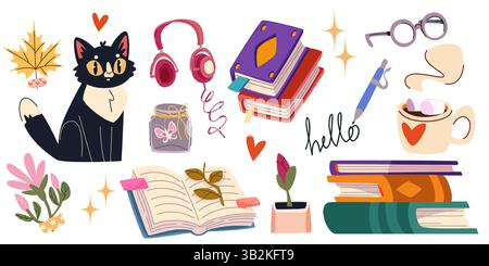 Buch-Zeichentrickstapel-Set - entzückende schwarze Katze, Stapel farbenfroher Literatur, offene Seiten und Blätter, Kopfhörer und Brillen, Tasse heiße Schokolade. Doodle-Kollektion zum Lesen, Lernen und Entspannen Stock Vektor