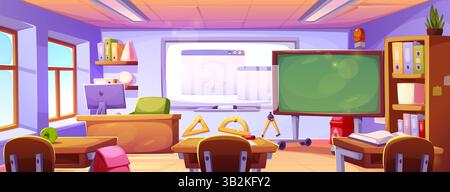 Karikaturunterricht Innenansicht mit geometrischen Formen, Messinstrumenten und Kreidetafel für Geometrieunterricht. Gemütliche informative Umgebung mit Holzschreibtischen und -Stühlen, Regalen mit Büchern. Stock Vektor