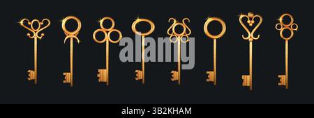 Goldener Schlüssel. Altes goldenes Schloss für vintage-luxuriöse Haustür, antikes verziertes Metallsymbol. Kreative luxuriöse metallische Textur, elegantes bronzenes Saftobjekt. Vektor-Icons-Design realistische isolierte Illustration Stock Vektor