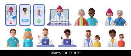 Arzt- und Patienten-Icons. 3D-Personengesichter. Medizinspezialisten. Gesundheitsversorgung per Telemedizin. Online-Medizin. Smartphone- und Laptop-Bildschirm. Krankenhauskrankenschwester. Familienberatung. Vektor-Medical-Web-Prüfset Stock Vektor