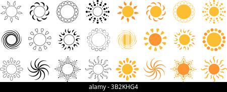 Set mit einzigartigen Sonnenillustrationen in verschiedenen Stilen, darunter geometrische, gepunktete und florale Designs. Ideal für Sommer-, Strand- oder Naturprojekte Stock Vektor