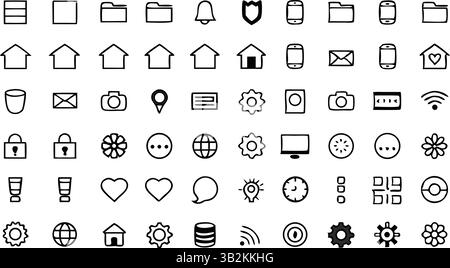 Sammlung von Symbolen für die Web- und Mobile-App-Benutzeroberfläche, minimalistischer Satz von Symbolen für Linien, Elemente der Benutzeroberfläche, Kommunikation, Sicherheit, Navigationssymbole Stock Vektor