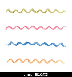 Set aus waagerechten, gewellten, gewölbten, grünen, blauen, gelben, pinke Pinselstriche, Fleckenlinien. Handgezeichnete Aquarellillustration. Zum Einwickeln von Textilien Stockfoto