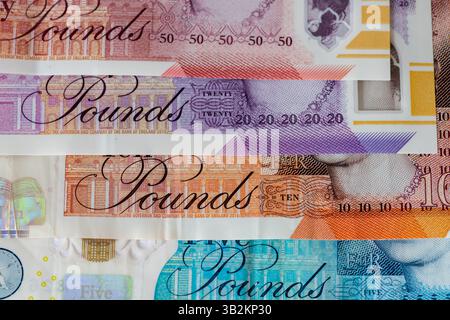 Das Wort Pfund auf den Banknoten der britischen Währung Pfund Sterling. Stockfoto