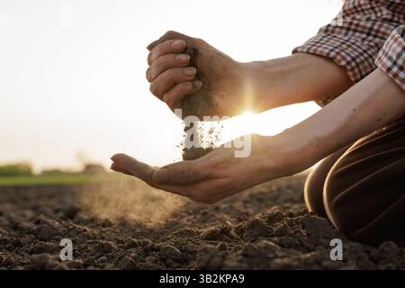 Nahaufnahme der Hände des Landwirts, die Bodenqualität bei Sonnenuntergang prüfen, nachhaltiges Agrarkonzept, Hände, die fruchtbare Erde in Ackerland halten. Stockfoto
